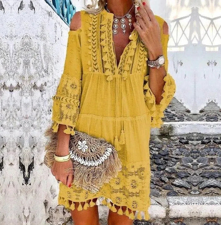 Women's Boho Tassel Mini Dress Embroidered Lace Beach Vacation Dress - Seldom Seen Styles