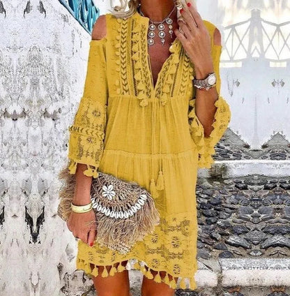 Women's Boho Tassel Mini Dress Embroidered Lace Beach Vacation Dress
