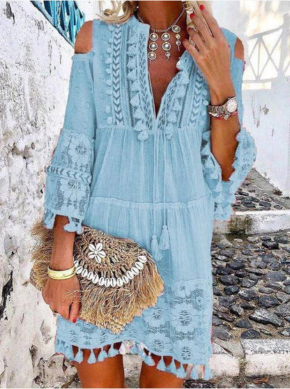 Women's Boho Tassel Mini Dress Embroidered Lace Beach Vacation Dress
