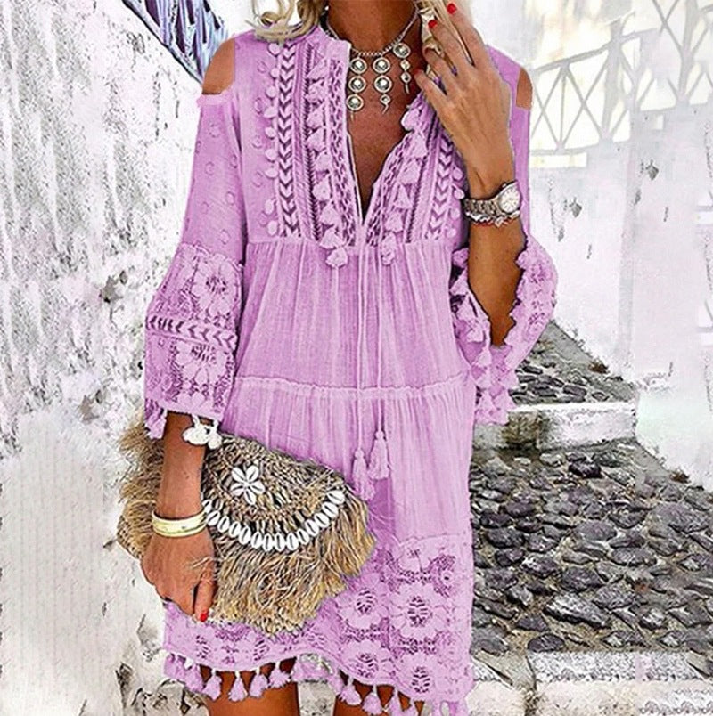 Women's Boho Tassel Mini Dress Embroidered Lace Beach Vacation Dress - Seldom Seen Styles