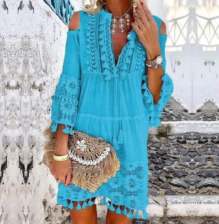 Women's Boho Tassel Mini Dress Embroidered Lace Beach Vacation Dress - Seldom Seen Styles