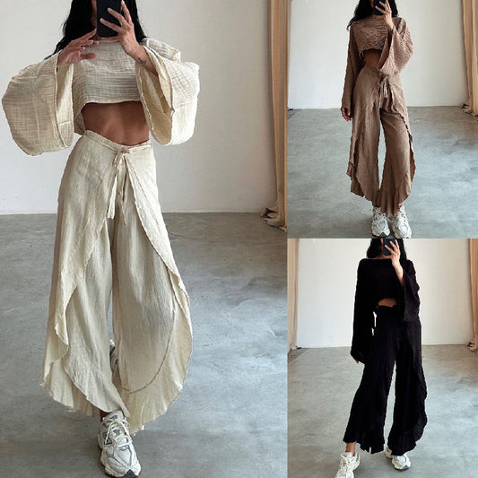 Women's Boho Two Piece Set Long Sleeve Crop Top and Wide Leg Pants Flowy Resort Outfit Vacation Matching Set - Seldom Seen Styles