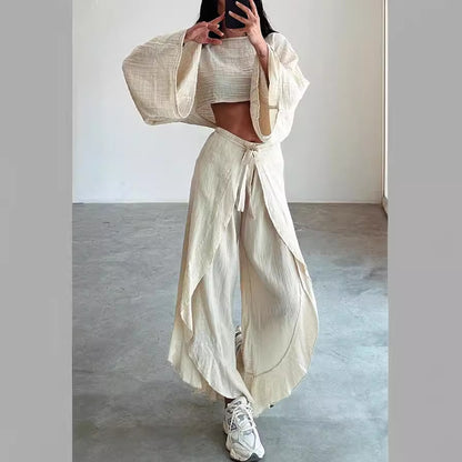 Women's Boho Two Piece Set Long Sleeve Crop Top and Wide Leg Pants Flowy Resort Outfit Vacation Matching Set