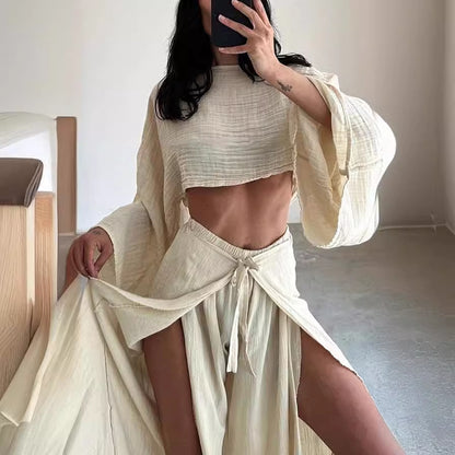 Women's Boho Two Piece Set Long Sleeve Crop Top and Wide Leg Pants Flowy Resort Outfit Vacation Matching Set