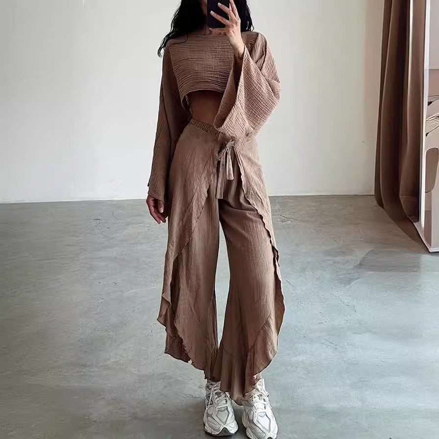 Women's Boho Two Piece Set Long Sleeve Crop Top and Wide Leg Pants Flowy Resort Outfit Vacation Matching Set - Seldom Seen Styles