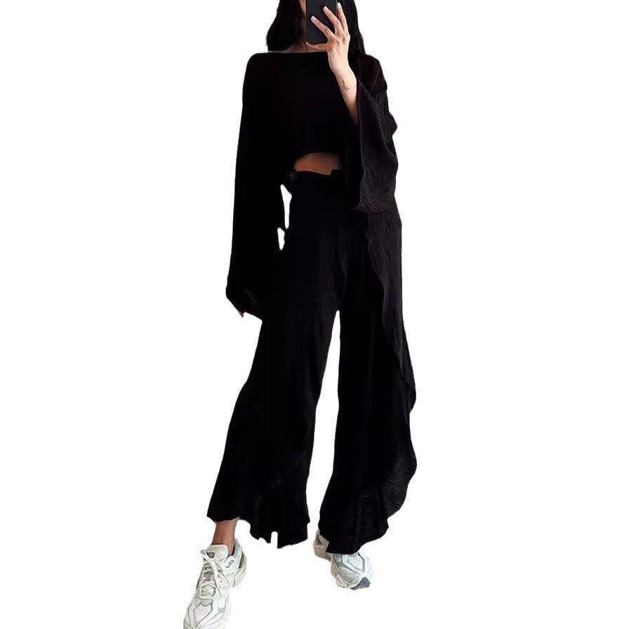 Women's Boho Two Piece Set Long Sleeve Crop Top and Wide Leg Pants Flowy Resort Outfit Vacation Matching Set - Seldom Seen Styles