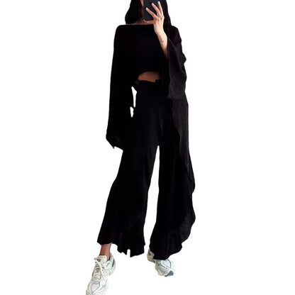 Women's Boho Two Piece Set Long Sleeve Crop Top and Wide Leg Pants Flowy Resort Outfit Vacation Matching Set