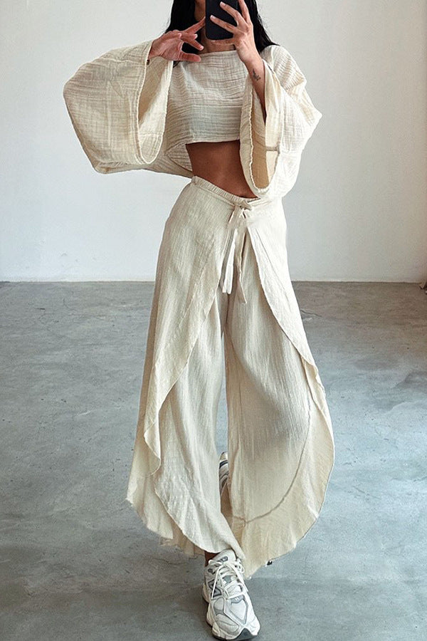 Women's Boho Two Piece Set Long Sleeve Crop Top and Wide Leg Pants Flowy Resort Outfit Vacation Matching Set - Seldom Seen Styles