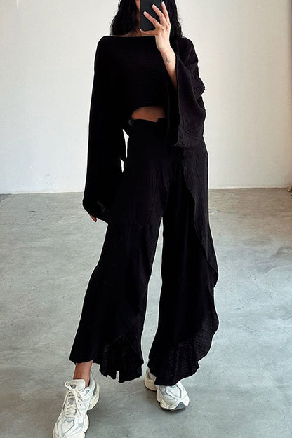 Women's Boho Two Piece Set Long Sleeve Crop Top and Wide Leg Pants Flowy Resort Outfit Vacation Matching Set