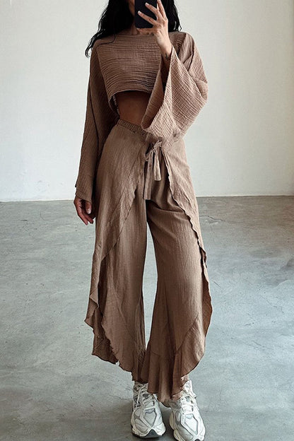 Women's Boho Two Piece Set Long Sleeve Crop Top and Wide Leg Pants Flowy Resort Outfit Vacation Matching Set