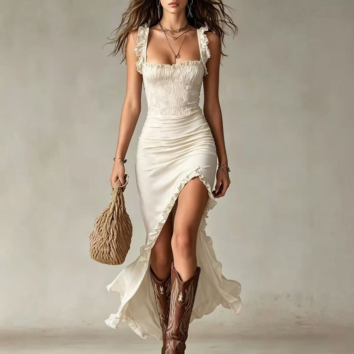 Women's Boho Vintage Ruffle Edge Sleeveless Spaghetti Strap High Slit Maxi Dress Summer Beach Vacation Dress - Seldom Seen Styles