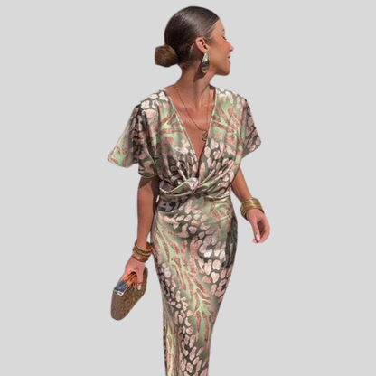 Women's Brown Graceful V Neck Maxi Dress Elegant Flowing Silhouette Lightweight Occasion Dress for Brunch Wedding Guest Evening Party Plus Size S-3XL
