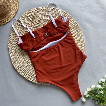 Women's Brown One-Piece Bikini Swimsuit Sexy High Waist Tight Fit High Stretch Nylon Padded Swimwear Beach Pool Vacation S M L