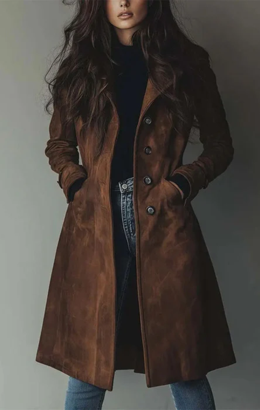 Women's Brown Vegan Suede Longline Coat Elegant Faux Suede Long Jacket Lapel Belted Trench Coat for Women Fall Winter Outerwear - Seldom Seen Styles