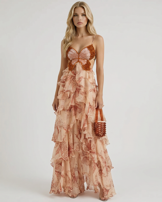Women's Butterfly Appliqué Tiered Maxi Dress | Brown Formal Evening Dress - Seldom Seen Styles