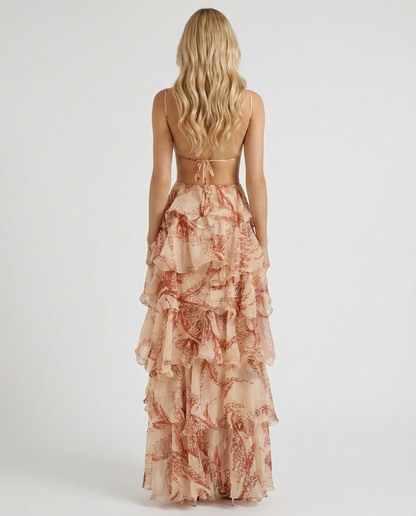 Women's Butterfly Appliqué Tiered Maxi Dress | Brown Formal Evening Dress