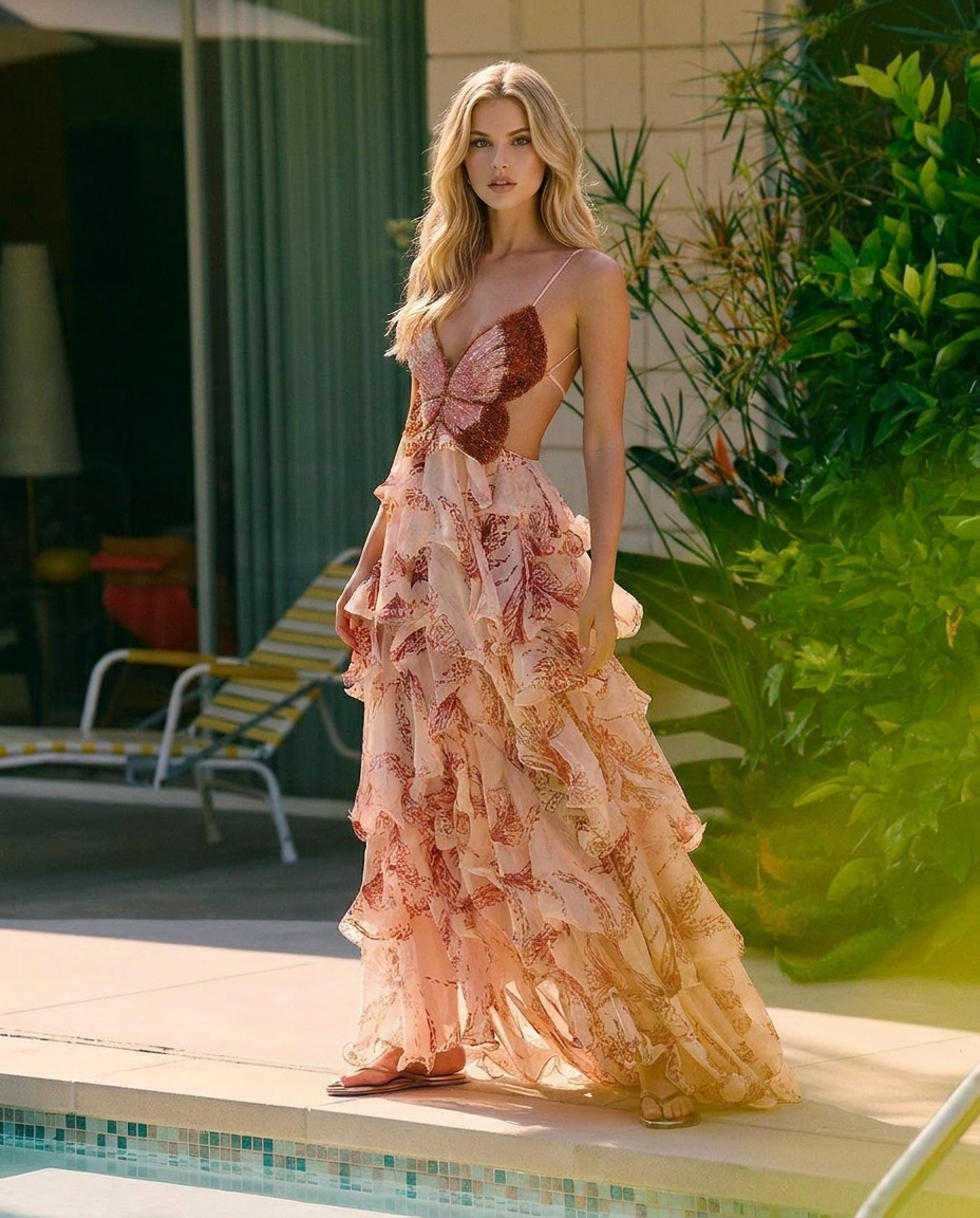 Women's Butterfly Appliqué Tiered Maxi Dress | Brown Formal Evening Dress - Seldom Seen Styles