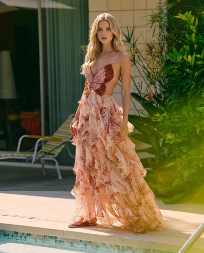 Women's Butterfly Appliqué Tiered Maxi Dress | Brown Formal Evening Dress