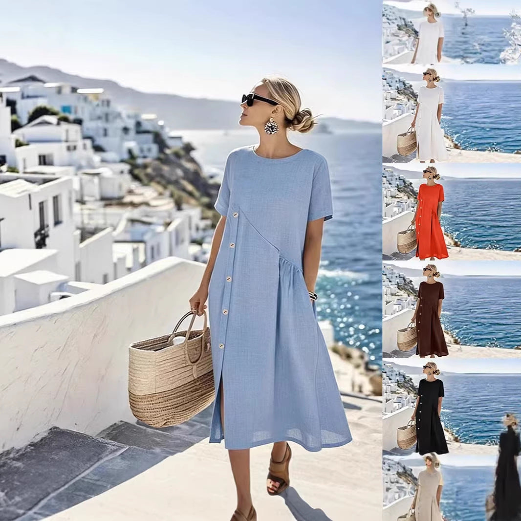 Women's Button Casual Midi Dress Shirred Pocket Loose Fit Summer Vacation Dress - Seldom Seen Styles