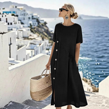 Women's Button Casual Midi Dress Shirred Pocket Loose Fit Summer Vacation Dress