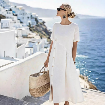 Women's Button Casual Midi Dress Shirred Pocket Loose Fit Summer Vacation Dress