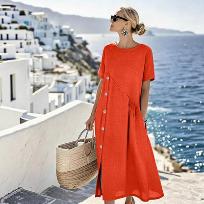 Women's Button Casual Midi Dress Shirred Pocket Loose Fit Summer Vacation Dress