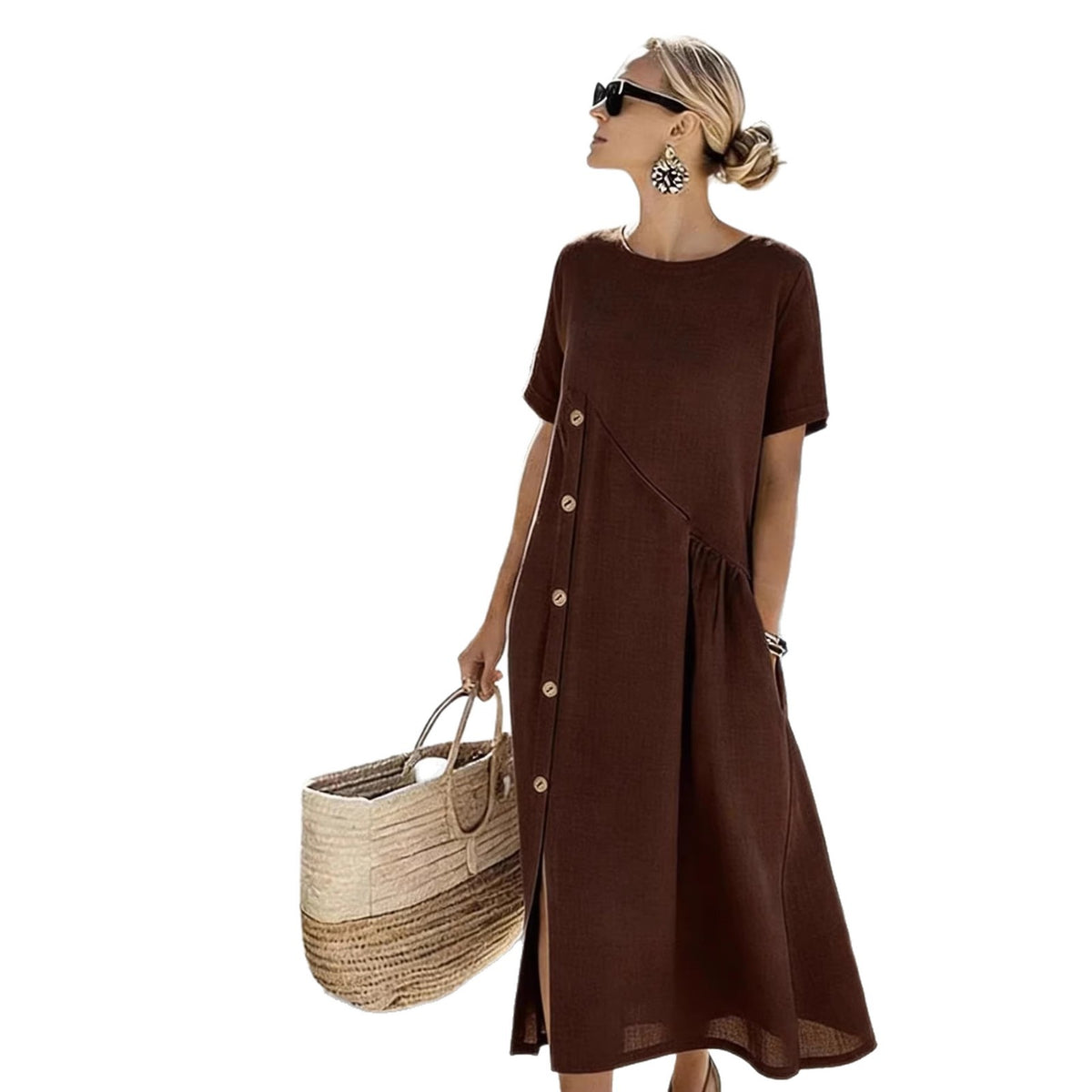 Women's Button Casual Midi Dress Shirred Pocket Loose Fit Summer Vacation Dress - Seldom Seen Styles