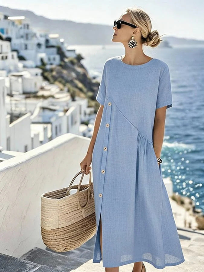 Women's Button Casual Midi Dress Shirred Pocket Loose Fit Summer Vacation Dress - Seldom Seen Styles
