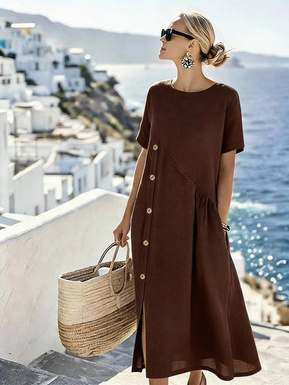 Women's Button Casual Midi Dress Shirred Pocket Loose Fit Summer Vacation Dress