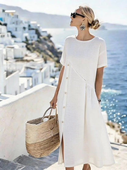Women's Button Casual Midi Dress Shirred Pocket Loose Fit Summer Vacation Dress