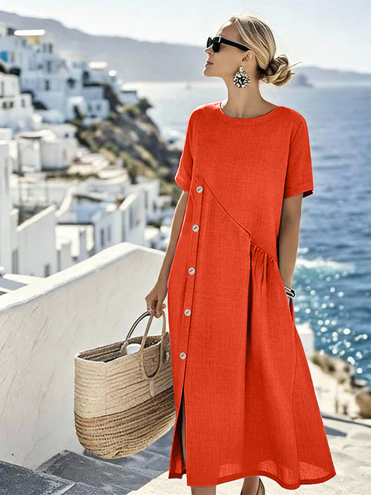 Women's Button Casual Midi Dress Shirred Pocket Loose Fit Summer Vacation Dress - Seldom Seen Styles
