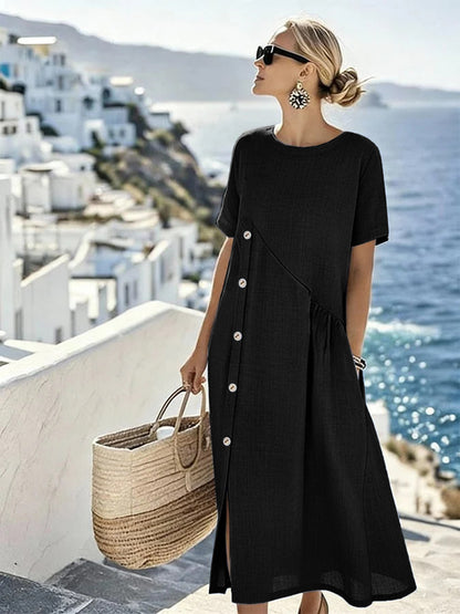 Women's Button Casual Midi Dress Shirred Pocket Loose Fit Summer Vacation Dress