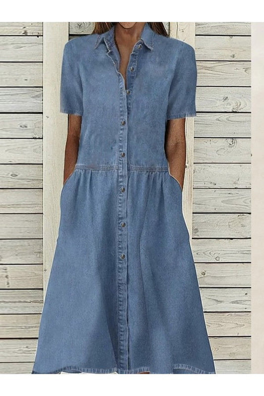 Women's Button Down Denim Midi Dress A Line Short Sleeve Casual Summer Beach Vacation Dress - Seldom Seen Styles