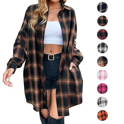 Damen Button Down Flanellhemden Kariertes Shacket Langarm Hemdkragen Lange Jacken Mäntel #Springtok