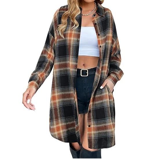 Women's Button Down Flannel Shirts Plaid Shacket Long Sleeve Collared Long Jacket Coats #Springtok - Seldom Seen Styles