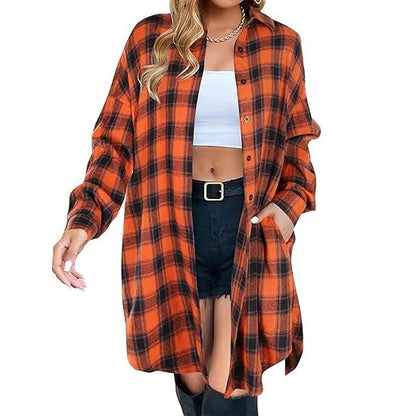 Damen Button Down Flanellhemden Kariertes Shacket Langarm Hemdkragen Lange Jacken Mäntel #Springtok