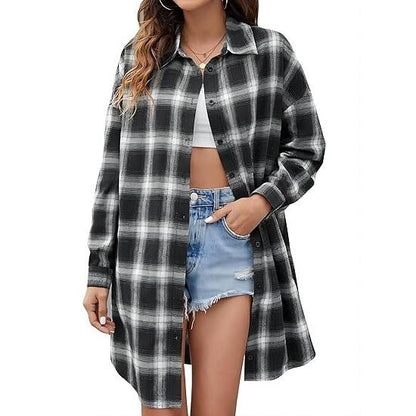 Damen Button Down Flanellhemden Kariertes Shacket Langarm Hemdkragen Lange Jacken Mäntel #Springtok