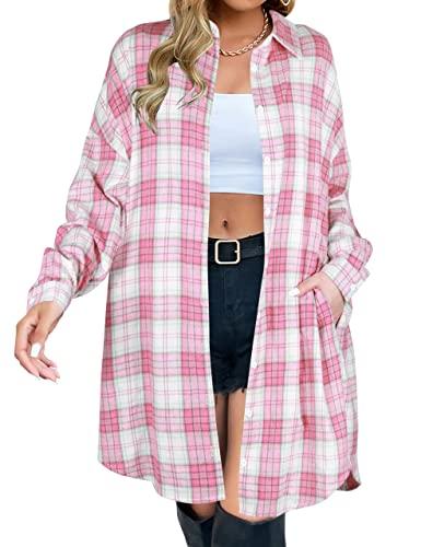 Damen Button Down Flanellhemden Kariertes Shacket Langarm Hemdkragen Lange Jacken Mäntel #Springtok
