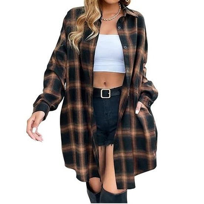 Damen Button Down Flanellhemden Kariertes Shacket Langarm Hemdkragen Lange Jacken Mäntel #Springtok