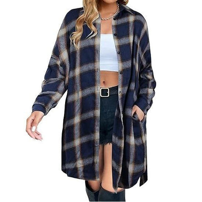 Damen Button Down Flanellhemden Kariertes Shacket Langarm Hemdkragen Lange Jacken Mäntel #Springtok