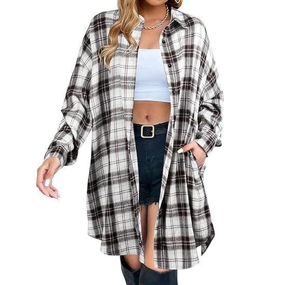 Damen Button Down Flanellhemden Kariertes Shacket Langarm Hemdkragen Lange Jacken Mäntel #Springtok
