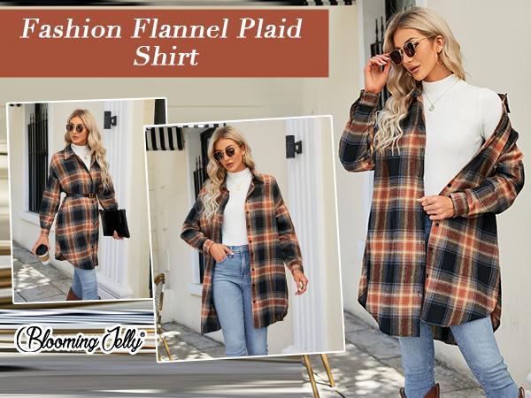 Women's Button Down Flannel Shirts Plaid Shacket Long Sleeve Collared Long Jacket Coats #Springtok - Seldom Seen Styles