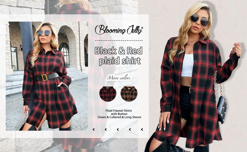 Women's Button Down Flannel Shirts Plaid Shacket Long Sleeve Collared Long Jacket Coats #Springtok - Seldom Seen Styles