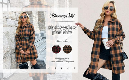 Damen Button Down Flanellhemden Kariertes Shacket Langarm Hemdkragen Lange Jacken Mäntel #Springtok