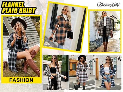 Damen Button Down Flanellhemden Kariertes Shacket Langarm Hemdkragen Lange Jacken Mäntel #Springtok