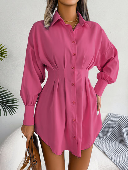 Damen-Hemdblusenkleid, langärmlig, mit Falten an der Taille, in mehreren Farboptionen erhältlich