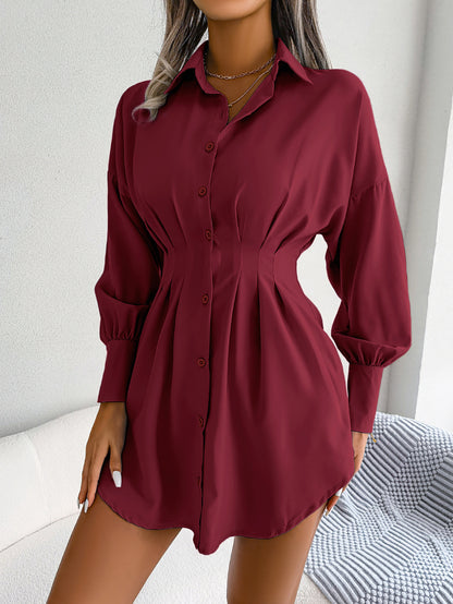 Damen-Hemdblusenkleid, langärmlig, mit Falten an der Taille, in mehreren Farboptionen erhältlich