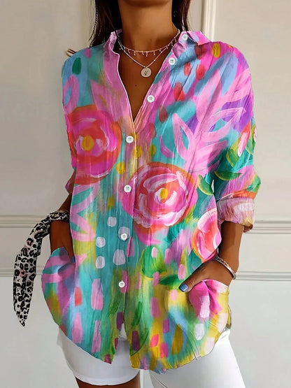 Women's Button Down Shirt Printed Long Sleeve Collared Blouse Casual Vacation Tops