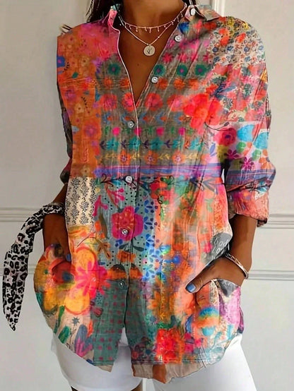 Women's Button Down Shirt Printed Long Sleeve Collared Blouse Casual Vacation Tops