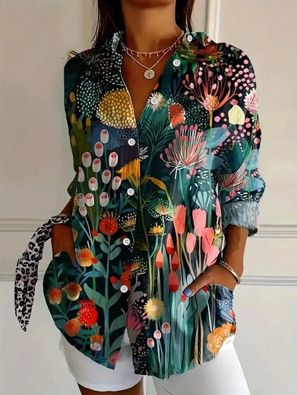 Women's Button Down Shirt Printed Long Sleeve Collared Blouse Casual Vacation Tops